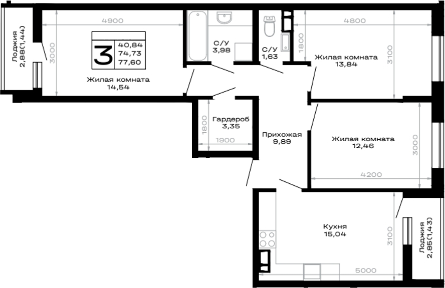 3-комн., 74.73 м², 2/14 этаж, ЖК «Горные высоты»