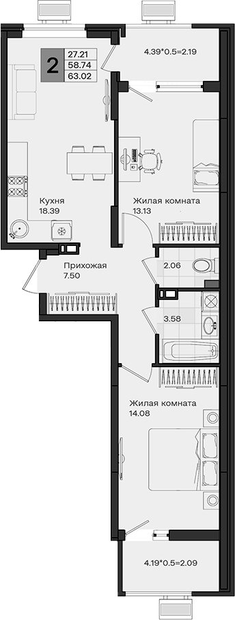 2-комн., 58.74 м², 8/8 этаж, ЖК «МОНО квартал»