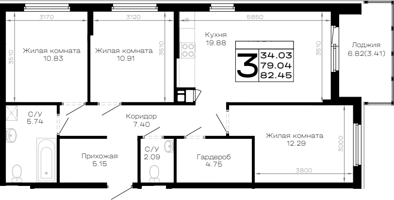 3-комн., 79.04 м², 1/4 этаж, ЖК «Усадьба Гостагаевская»