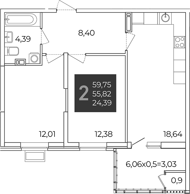 2-комн., 55.82 м², 12/21 этаж, ЖК «Образцово»