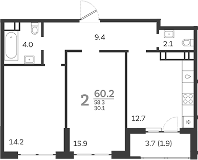 2-комн., 58.3 м², 22/24 этаж, ЖК «Все Свои VIP»