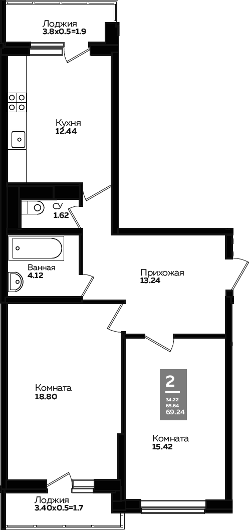 2-комн., 62.1 м², 18/24 этаж, ЖК «Левада»