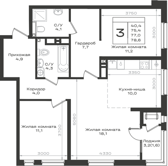 3-комн., 75.4 м², 12/14 этаж, ЖК «Нагория»