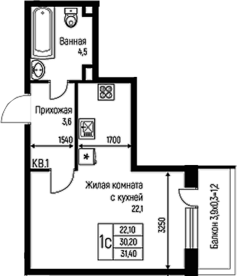 Студия, 30.2 м², 1/3 этаж, ЖК «Nova Vita»