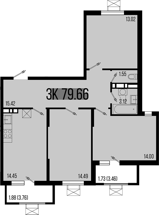 3-комн., 76.05 м², 6/8 этаж, ЖК «Цветной бульвар»