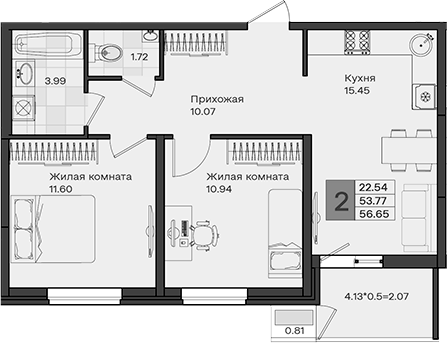 2-комн., 53.77 м², 2/8 этаж, ЖК «МОНО квартал»