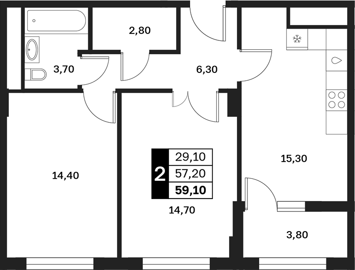 2-комн., 57.2 м², 8/14 этаж, ЖК «Аксис Патриот»