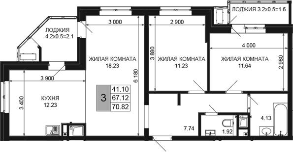 3-комн., 67.12 м², 12/16 этаж, ЖК «Сегодня»