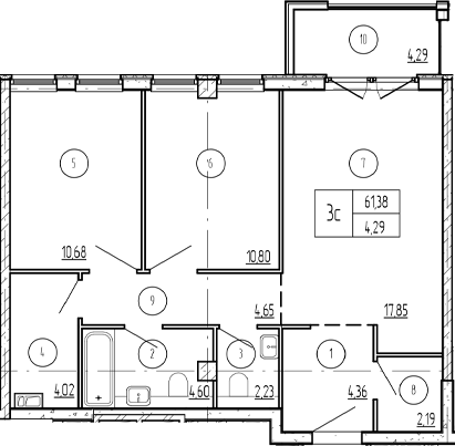 2-комн., 64.38 м², 5/9 этаж, ЖК «Лучи»