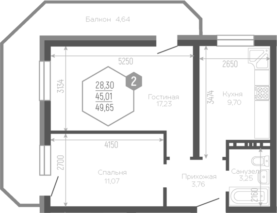 2-комн., 44.86 м², 19/19 этаж, ЖК «Черкасская»