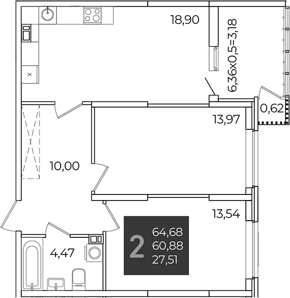 2-комн., 60.88 м², 4/21 этаж, ЖК «Образцово»