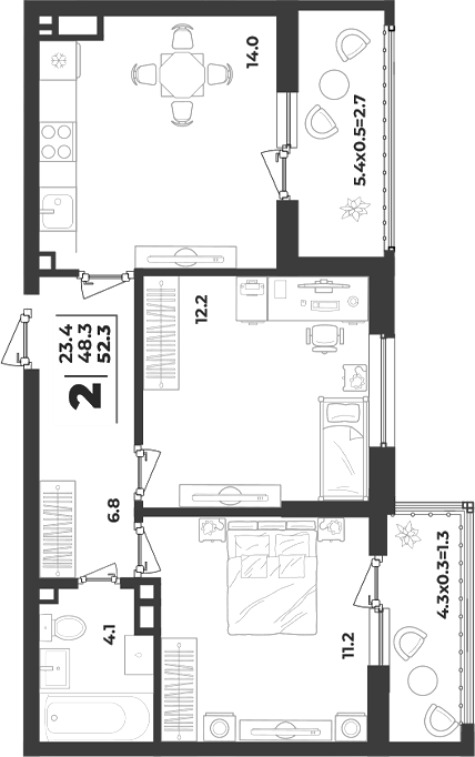 2-комн., 48.3 м², 3/9 этаж, ЖК «Лето»