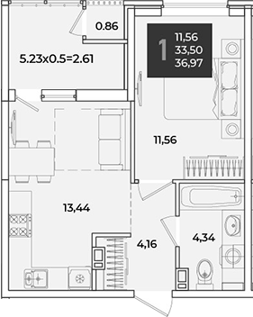 1-комн., 34.36 м², 3/18 этаж, ЖК «Образцово»