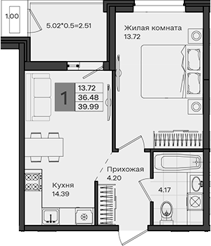 1-комн., 36.48 м², 5/8 этаж, ЖК «МОНО квартал»