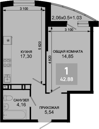 2-комн., 41.85 м², 2/19 этаж, ЖК «Лучший»