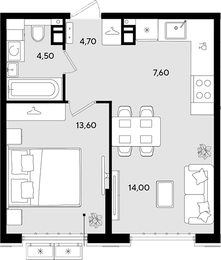2-комн., 44.4 м², 8/9 этаж, ЖК «Порто-Ново»