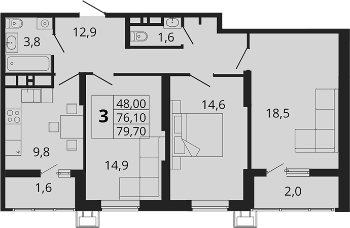 3-комн., 76.1 м², 4/18 этаж, ЖК «Родные Просторы»