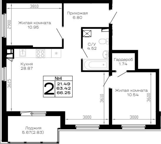 2-комн., 63.42 м², 1/4 этаж, ЖК «Усадьба Гостагаевская»