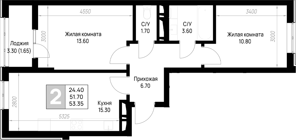 2-комн., 51.7 м², 9/12 этаж, ЖК «На высоком берегу»