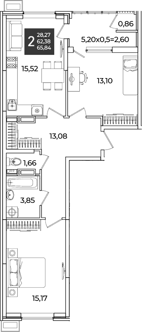 2-комн., 62.38 м², 10/18 этаж, ЖК «Образцово»