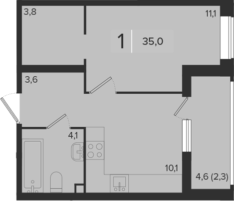 1-комн., 32.7 м², 2/18 этаж, ЖК «Эрмитаж»