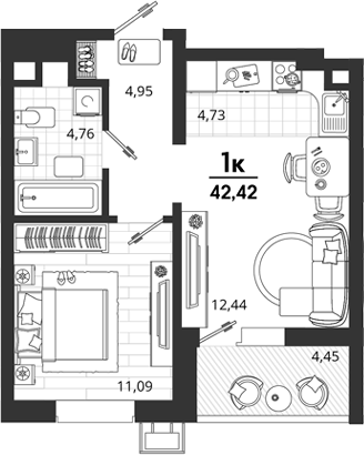 1-комн., 37.97 м², 2/18 этаж, ЖК «Родные Просторы»