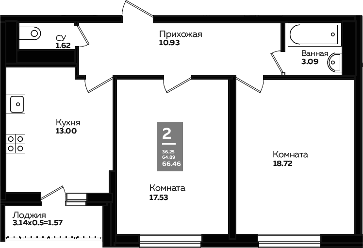 2-комн., 63.33 м², 21/24 этаж, ЖК «Левада»