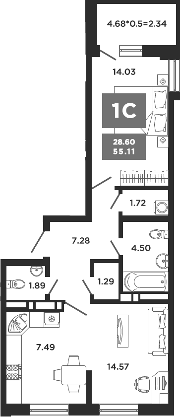 2-комн., 52.77 м², 20/22 этаж, ЖК «НЕО-квартал Красная площадь»