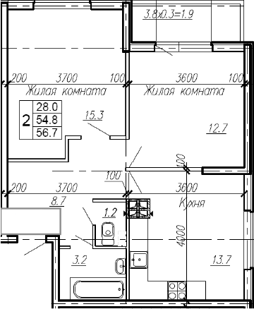 2-комн., 54.8 м², 2/4 этаж, ЖК «Эво»