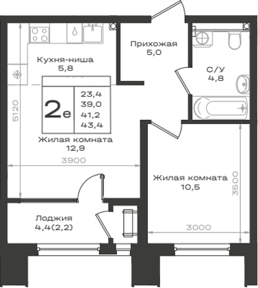 2-комн., 39 м², 2/12 этаж, ЖК «Нагория»