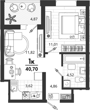 1-комн., 35.83 м², 11/18 этаж, ЖК «Родные Просторы»