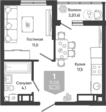 2-комн., 32.6 м², 10/24 этаж, ЖК «Облака»
