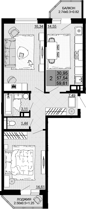 2-комн., 57.54 м², 11/12 этаж, ЖК «Дружба»