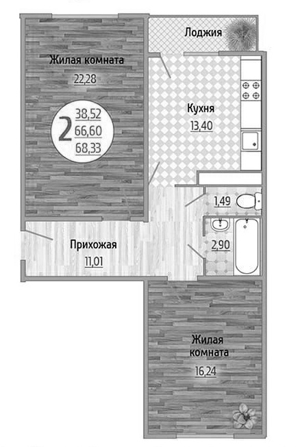 2-комн., 67.32 м², 7/9 этаж, ЖК «Солнечный»