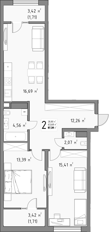 2-комн., 63.92 м², 14/15 этаж, ЖК «Коллекция»
