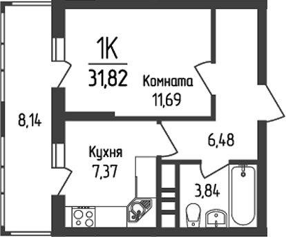 1-комн., 29.38 м², 16/18 этаж, ЖК «Кумир»