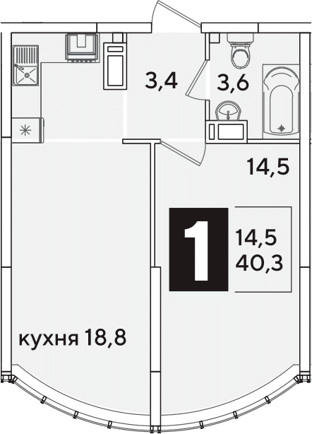 2-комн., 40.3 м², 15/16 этаж, ЖК «Самолет»