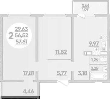 2-комн., 56.52 м², 4/8 этаж, ЖК «Первый»