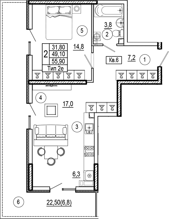 1-комн., 49.1 м², 1/7 этаж, ЖК «Аnapolis Residence»