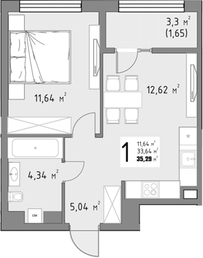 1-комн., 33.64 м², 10/15 этаж, ЖК «Коллекция»