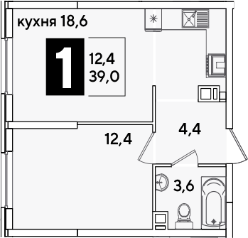 2-комн., 39 м², 4/16 этаж, ЖК «Самолет»