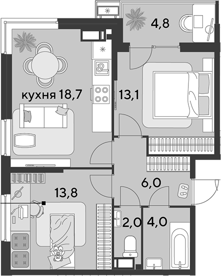 3-комн., 57.6 м², 11/18 этаж, ЖК «Парк Победы»