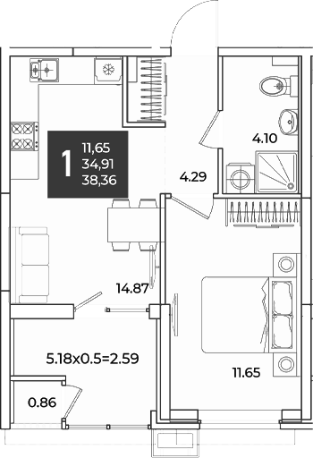 1-комн., 34.91 м², 2/18 этаж, ЖК «Образцово»