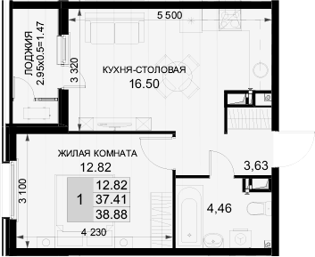 1-комн., 37.41 м², 12/18 этаж, ЖК «Фонтаны»