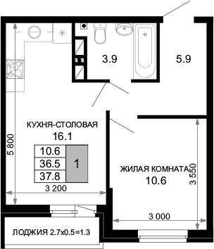 1-комн., 36.5 м², 5/16 этаж, ЖК «Дыхание»
