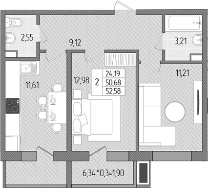 2-комн., 50.68 м², 1/8 этаж, ЖК «Сады у моря»