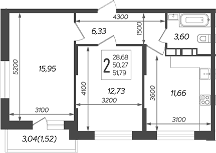 2-комн., 50.27 м², 11/16 этаж, ЖК «Смородина»