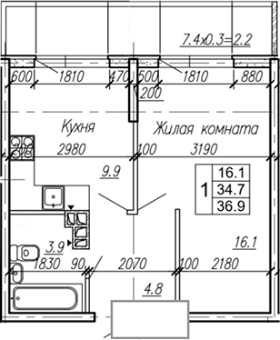 Продается 1-комн. квартира, 34.7 м²