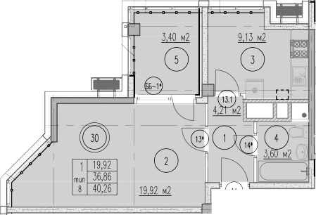 1-комн., 36.86 м², 5/10 этаж, ЖК «Agoy Park Residence by Lavicon»