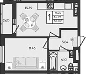 1-комн., 34.79 м², 5/9 этаж, ЖК «Дом 101»